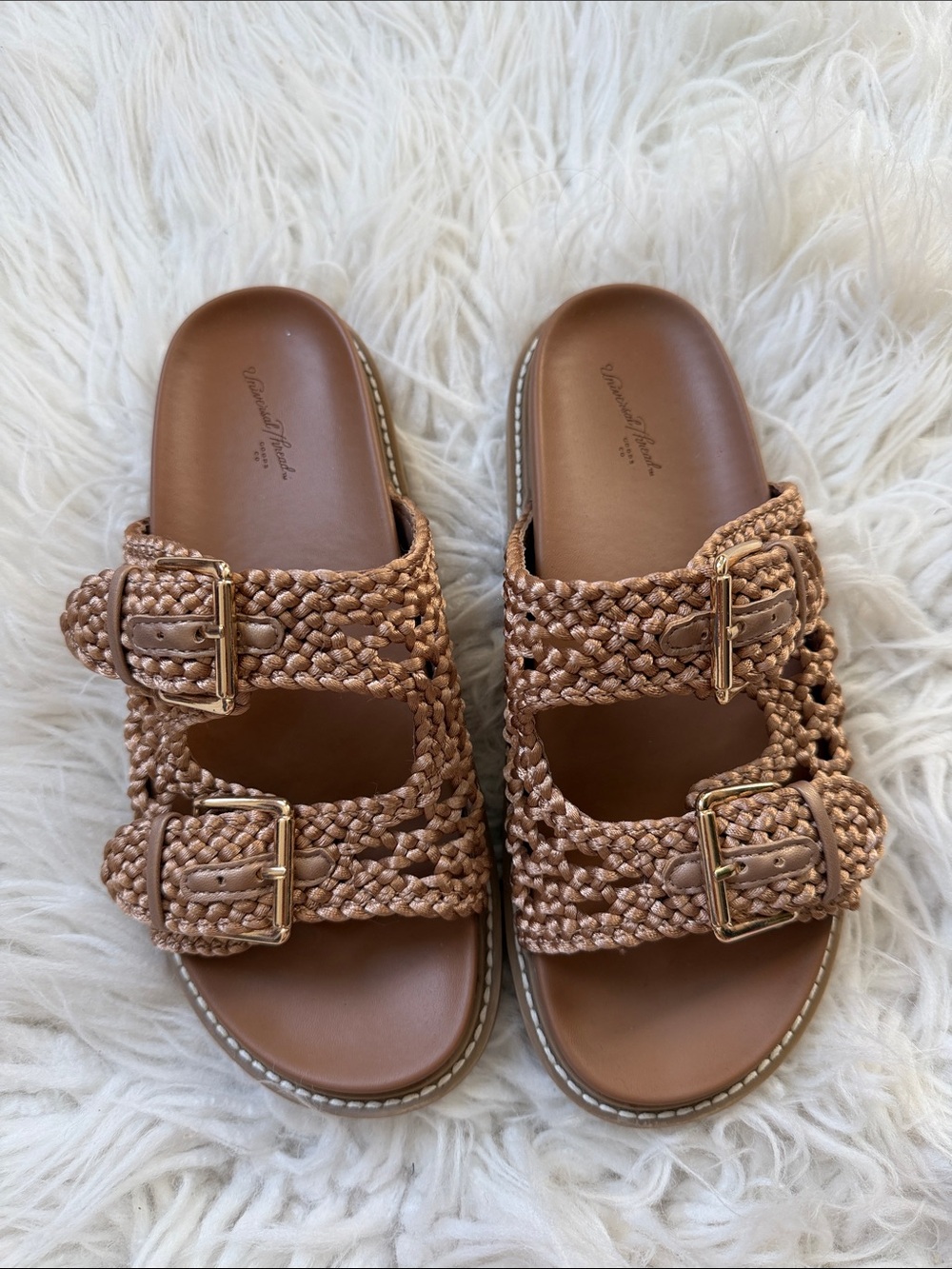 Universal Thread Braided Double-Buckle Slide Sandals in Tan